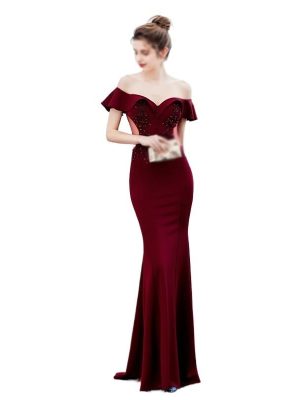 CSCDD Ladies Toasting Wedding Long Dress Shoulder Thank-You Dinner Slim-fit Dress Wedding Evening Dress
