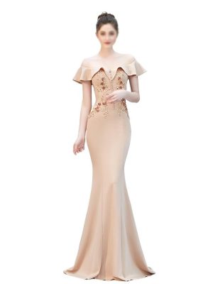 Wedding Evening Dress Ladies Toasting Wedding Long Dress Word Shoulder Thank-You Dinner Slim-fit Dress(Large)
