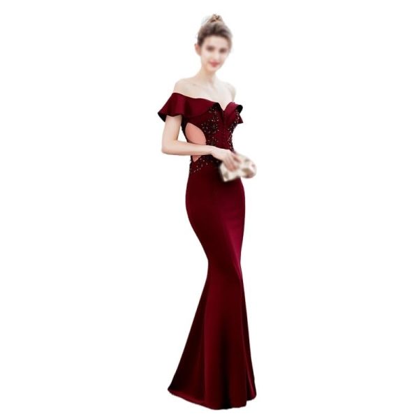 CSCDD Ladies Toasting Wedding Long Dress Shoulder Thank-You Dinner Slim-fit Dress Wedding Evening Dress