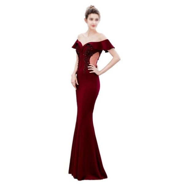 CSCDD Ladies Toasting Wedding Long Dress Shoulder Thank-You Dinner Slim-fit Dress Wedding Evening Dress