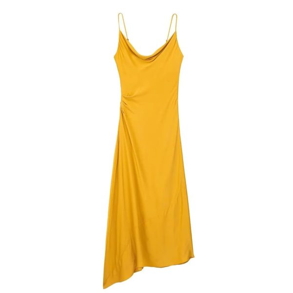 CSCDD Yellow Halter Dress Women's Long Dress Backback Satin Dress Women's Dinner Party Dress