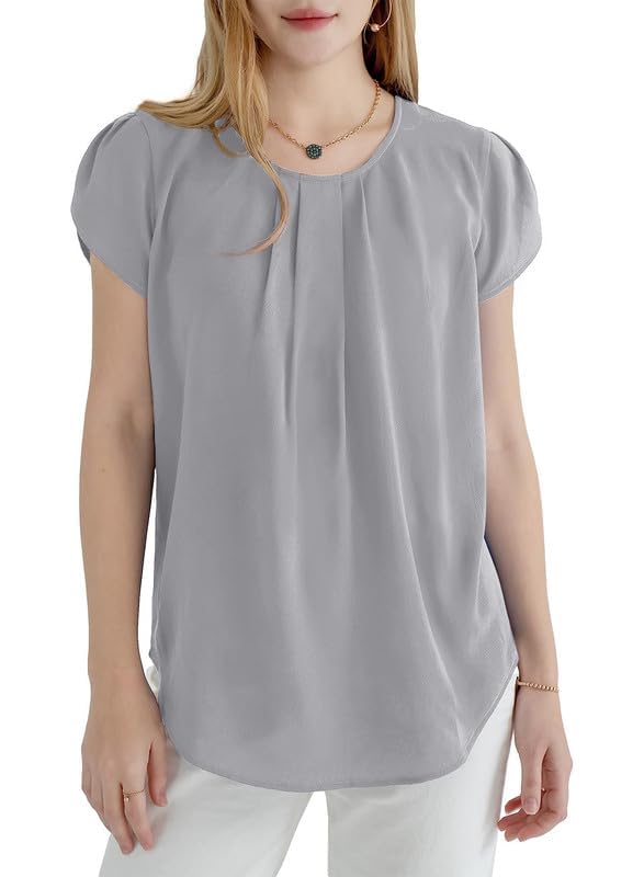Women's Casual Round Neck Basic Pleated Tops Short Sleeve Loose Fit Curved Keyhole Back Chiffon Blouses Tshirts