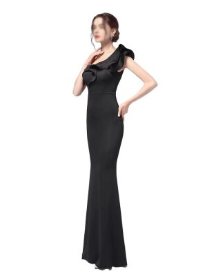 Classic Black Dinner Dresses Sexy Slash Neck One Shoulder Ruffles Evening Gowns Women Elegant Party Maxi Skirt