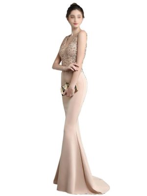 Sexy V-Neck Appliques Beading Prom Gown Long Simple Slim Fit Fishtail Skirt Nude Satin Dinner Dresses