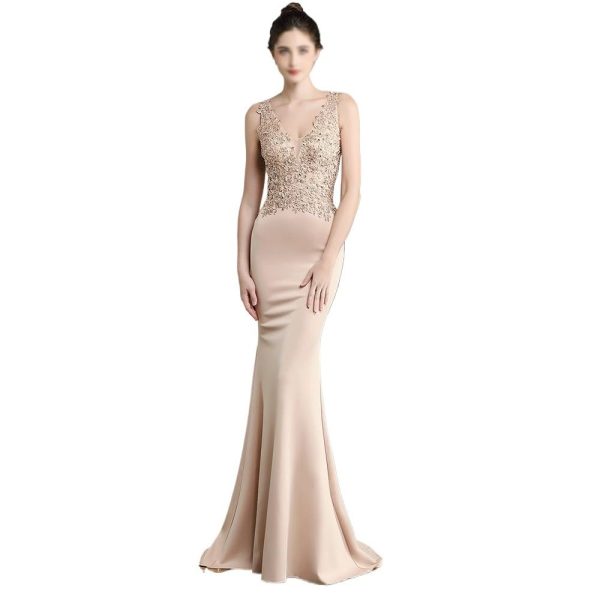Sexy V-Neck Appliques Beading Prom Gown Long Simple Slim Fit Fishtail Skirt Nude Satin Dinner Dresses