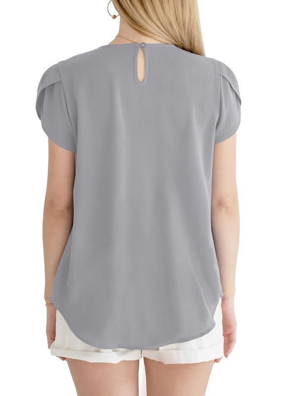 Women's Casual Round Neck Basic Pleated Tops Short Sleeve Loose Fit Curved Keyhole Back Chiffon Blouses Tshirts