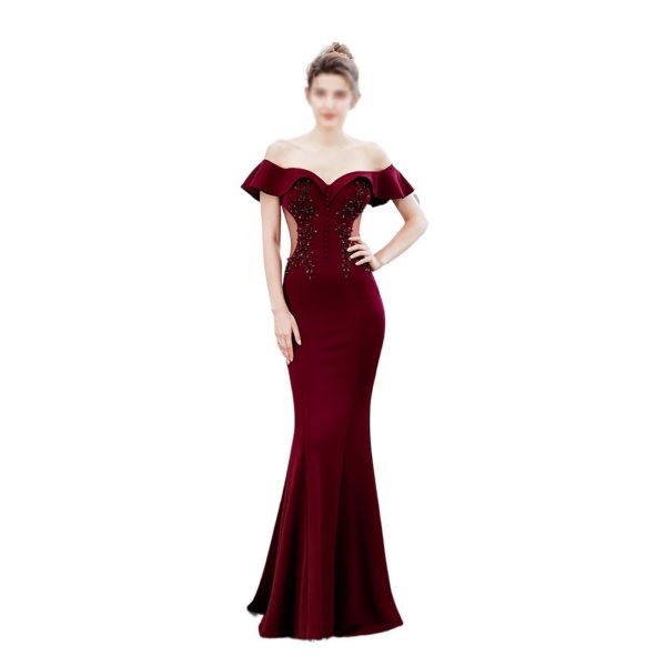 CSCDD Ladies Toasting Wedding Long Dress Shoulder Thank-You Dinner Slim-fit Dress Wedding Evening Dress