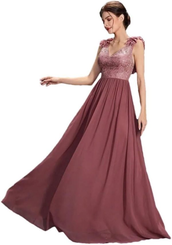 Women's Sexy V-Neck Evening Gown Chiffon Lace Dress Sleeveless Embroidery Formal Party Prom Long