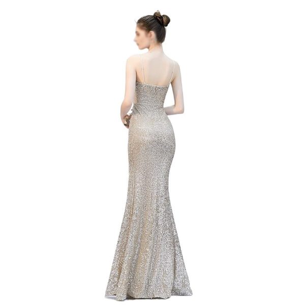 Women's Luxury Cocktail Party Dinner Dress Silver Sequins Slim Fit Long Skirt Women Sexy Elegant Evening Gown