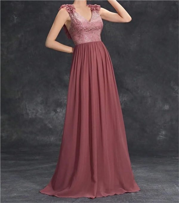 Women's Sexy V-Neck Evening Gown Chiffon Lace Dress Sleeveless Embroidery Formal Party Prom Long