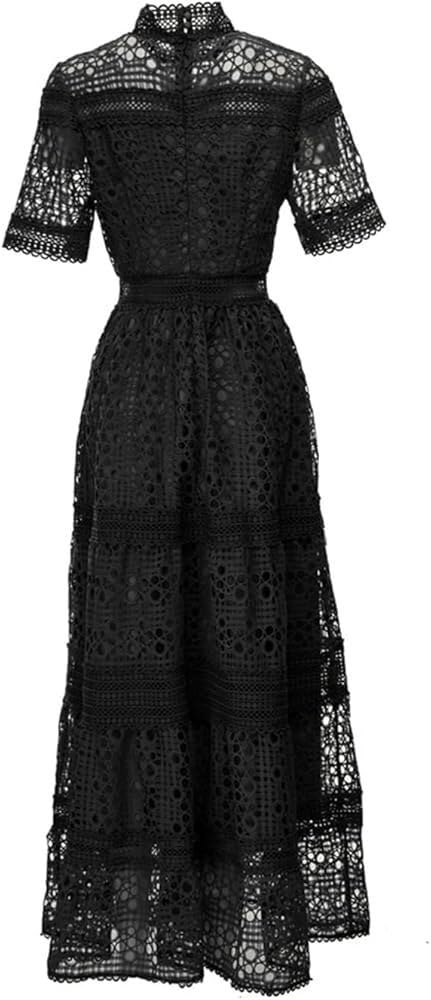 Women's Vintage Casual Summer Long Dress Short Sleeve Hollow Out Embroidery Maxi Dresses