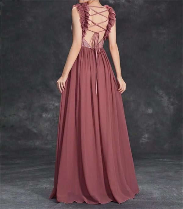 Women's Sexy V-Neck Evening Gown Chiffon Lace Dress Sleeveless Embroidery Formal Party Prom Long