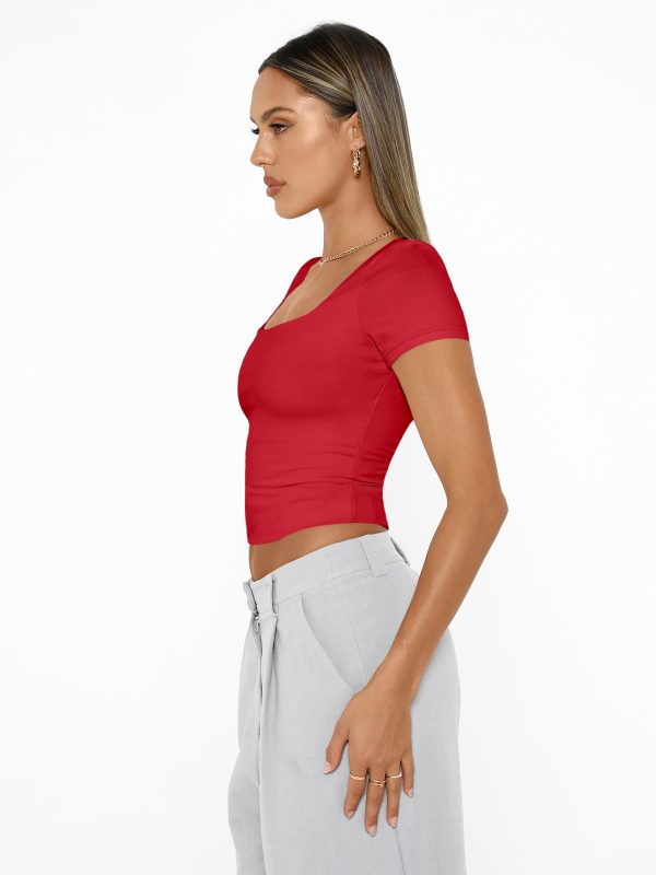 Womens Short Sleeve T Shirts Double Lined Square Neck Going Out Crop Tops Summer Cute Clothes Basics Tees