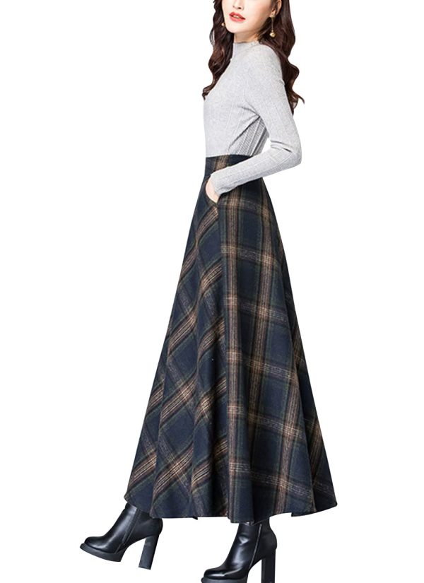 Women's Vintage High Waist Wool Blend Plaid A-Line Long Maxi Skirt with Pocket