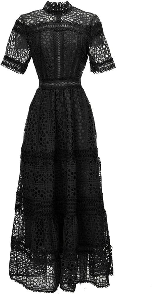 Women's Vintage Casual Summer Long Dress Short Sleeve Hollow Out Embroidery Maxi Dresses