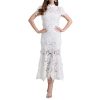 Women Sexy Hollow Out Lace Long Stand Collar Short Sleeve High Waist Elegant Dinner Dress