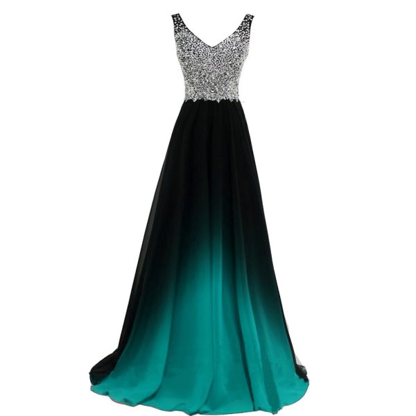 Women Formal Beaded Gradient Black Ombre Chiffon Long Prom Evening Dresses