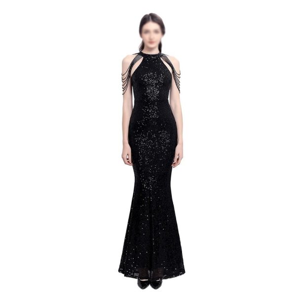 Classic Black Beaded Dignified Women's Dinner Dresses Women Elegant Slim Fishtail Party Long Evening Gown