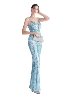 Ladies Mermaid Evening Gowns Sexy Spaghetti Strap V Neck Backless Maxi Skirt Women Elegant Party Dinner Dresses