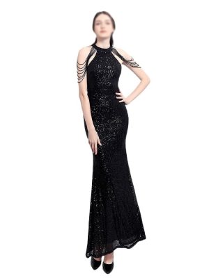 Classic Black Beaded Dignified Women's Dinner Dresses Women Elegant Slim Fishtail Party Long Evening Gown