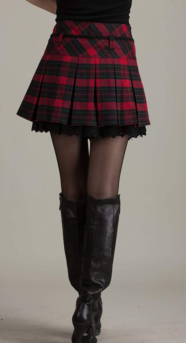 Women's A-Line Plaid Wool Blend Pleated Skirt Side Zipper