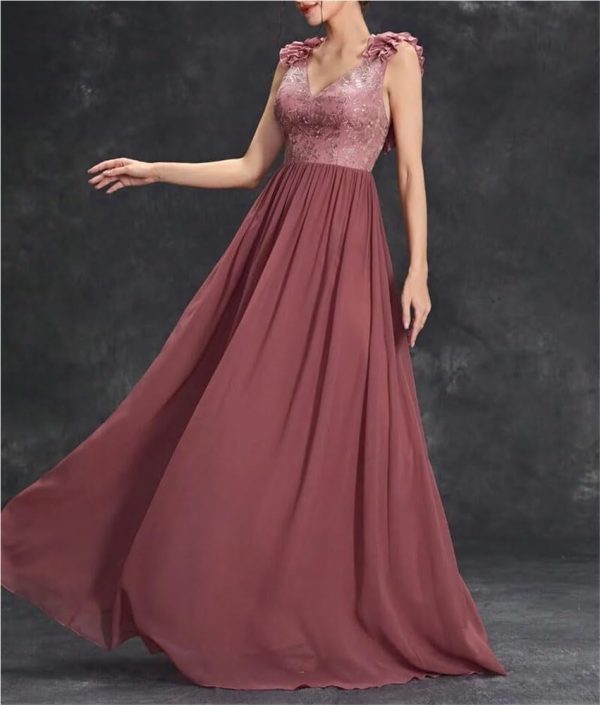 Women's Sexy V-Neck Evening Gown Chiffon Lace Dress Sleeveless Embroidery Formal Party Prom Long