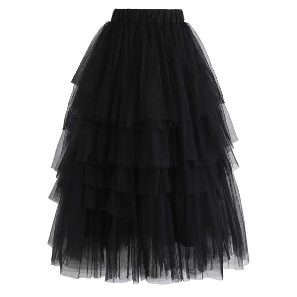 Women's Nude Pink/Black Tiered Layered Mesh Ballet Prom Party Tulle Tutu A-line Midi Skirt