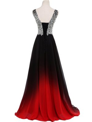 Women Formal Beaded Gradient Black Ombre Chiffon Long Prom Evening Dresses