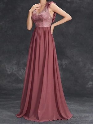 Women's Sexy V-Neck Evening Gown Chiffon Lace Dress Sleeveless Embroidery Formal Party Prom Long