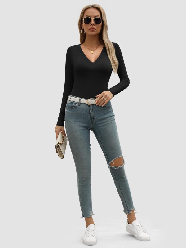 Womens Fall Deep V Neck Long Sleeve Shirts Modal Slim Fit Basic Tee Tops 2025