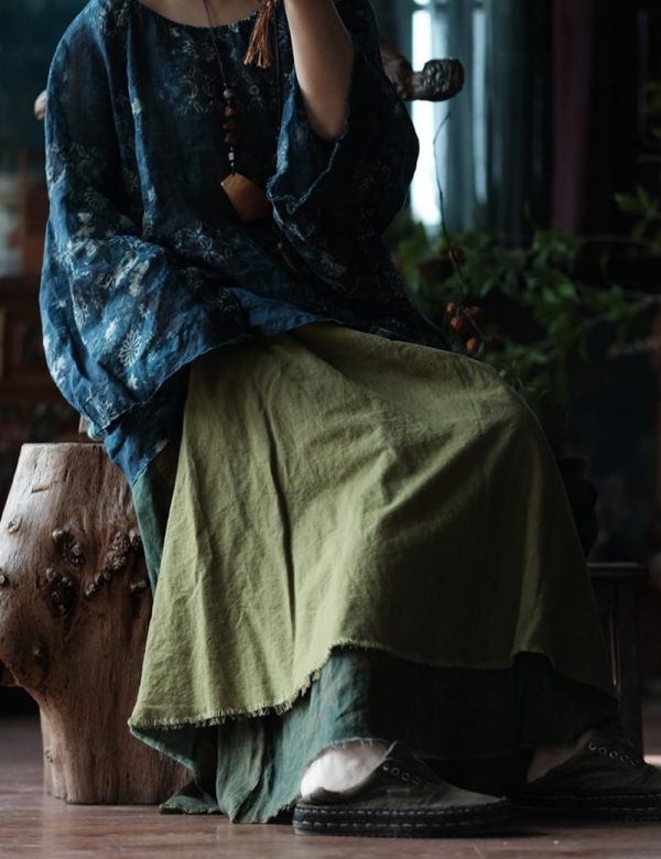 Women's Casual Elastic Waist Linen Patchwork A-Line Frayed Raw Hem Hippie Long Irregular Linen Skirt