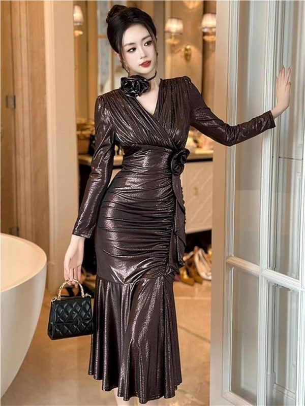 Women's Vintage Elegant Sweet Sparkly Evening Dress V-Neck Long Skinny Party Prom Maxi Dresses