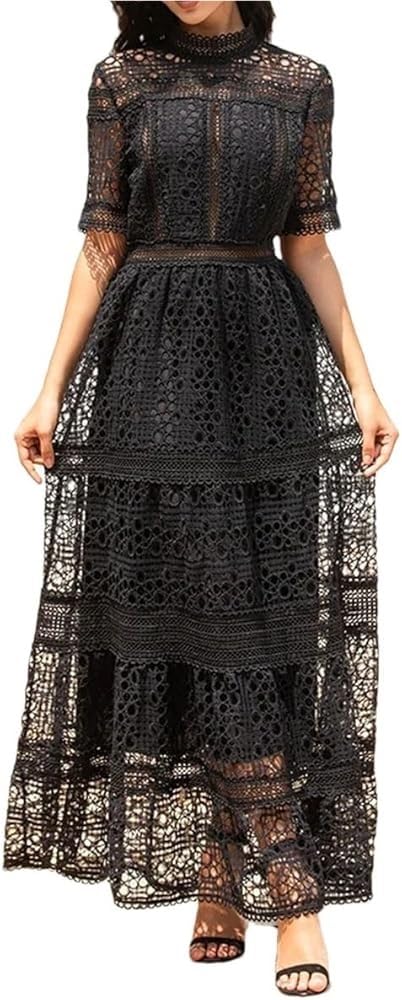 Women's Vintage Casual Summer Long Dress Short Sleeve Hollow Out Embroidery Maxi Dresses