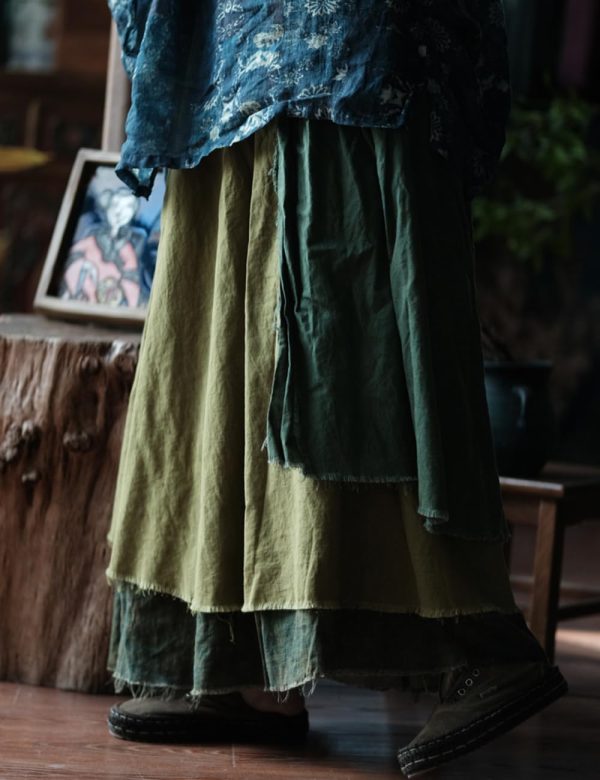 Women's Casual Elastic Waist Linen Patchwork A-Line Frayed Raw Hem Hippie Long Irregular Linen Skirt