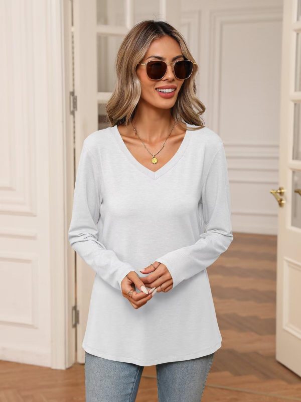 Womens V Neck Long Sleeve Shirts Casual Curved Hem Tunic Tops Basic Loose Fit T Shirts Tees 2025