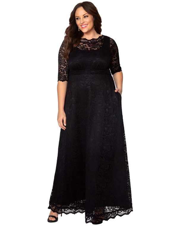 Women’s Plus Size Leona Lace Gown, Maxi Dress Formal Evening Ball Gown with Side Pockets for Wedding Guest