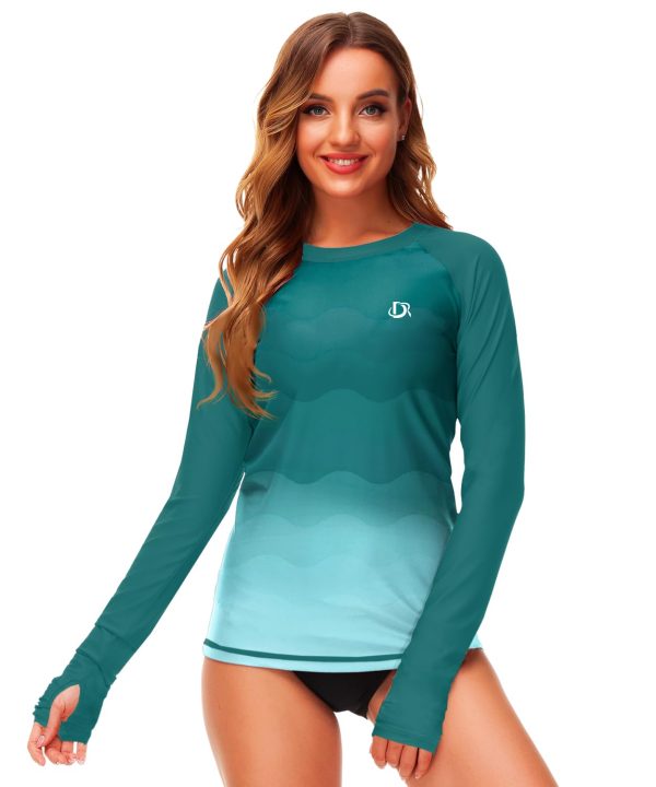Womens Gradient Rash Guard UPF 50+ Swim Shirts Surfing Top with Thumb Hole