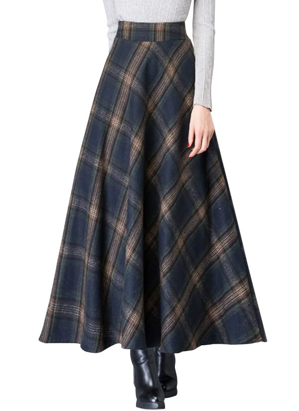 Women's Vintage High Waist Wool Blend Plaid A-Line Long Maxi Skirt with Pocket