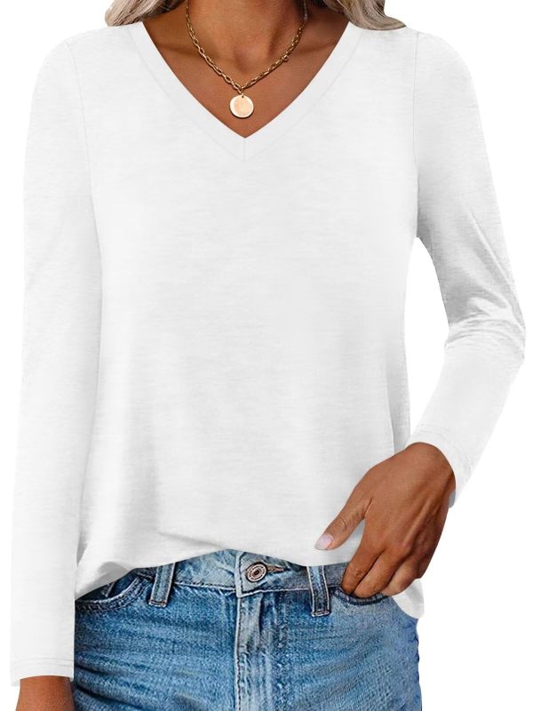 Womens V Neck Long Sleeve Shirts Casual Curved Hem Tunic Tops Basic Loose Fit T Shirts Tees 2025