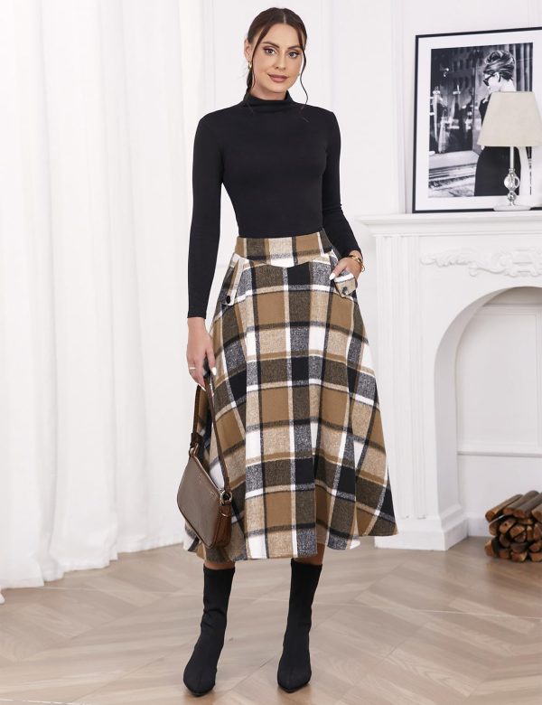 Women’s Fall Winter High Waisted Wool Plaid A-line Long Skirt