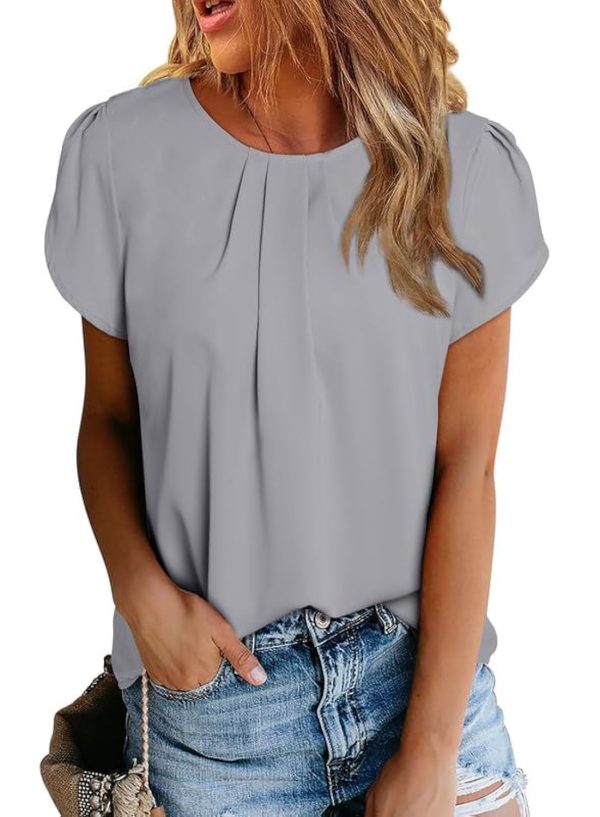 Women's Casual Round Neck Basic Pleated Tops Short Sleeve Loose Fit Curved Keyhole Back Chiffon Blouses Tshirts