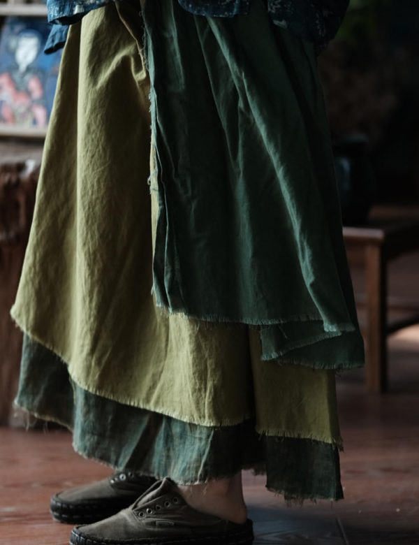 Women's Casual Elastic Waist Linen Patchwork A-Line Frayed Raw Hem Hippie Long Irregular Linen Skirt