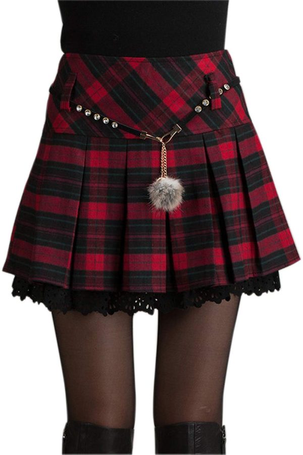 Women's A-Line Plaid Wool Blend Pleated Skirt Side Zipper