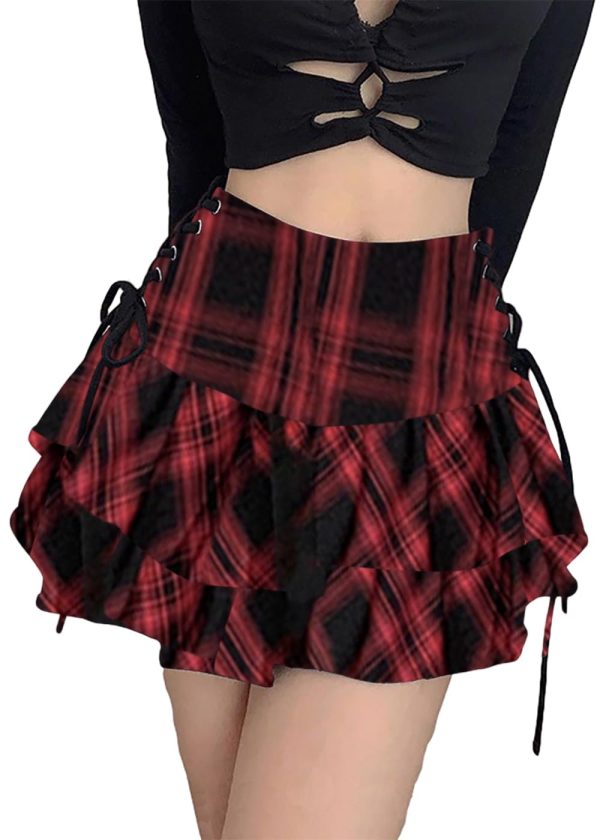 Womens Lace Up Skirts Goth Ruffle Mini Skirt Y2k Black High Waist Skirt Summer Punk Short Skirts