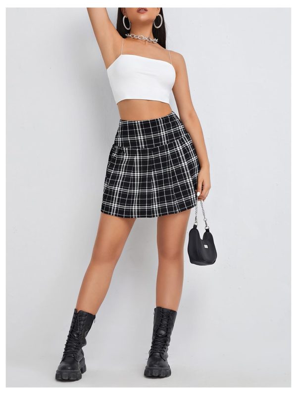 Women Plaid Print High Waist Pleated Skirt Trendy Short Skirts