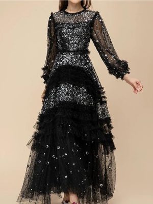 Elegant Summer High Waist Slim Fit Maxi Dress Women's Cascading Ruffle Gown Casual Lace Formal Cocktail Flowing Long Skirt