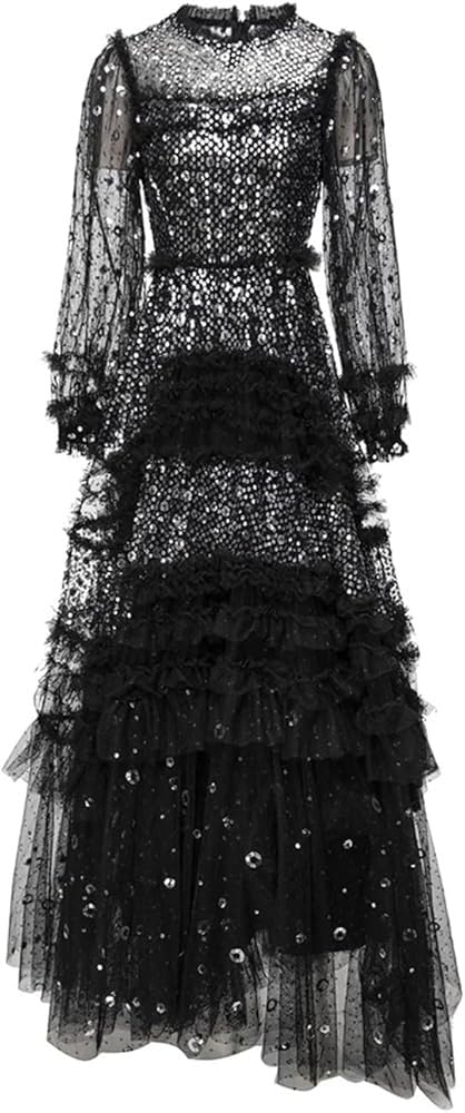 Elegant Summer High Waist Slim Fit Maxi Dress Women's Cascading Ruffle Gown Casual Lace Formal Cocktail Flowing Long Skirt