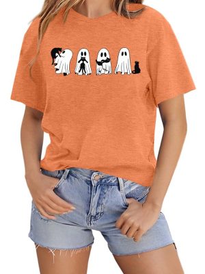 Halloween Ghost Cat Shirts for Women Cat Lovers T-Shirt Gifts Retro Fall Spooky Season Tees Tops