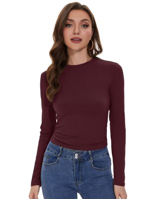 Womens Long Sleeve Shirts Basic Tees Y2k Slim Fit T Shirt Crew Neck Trendy Crop Top Casual