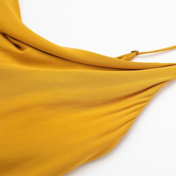 CSCDD Yellow Halter Dress Women's Long Dress Backback Satin Dress Women's Dinner Party Dress